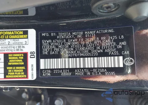 2021 Lexus Es 250 from USA, damaged, VIN 58AD11D11MU005220